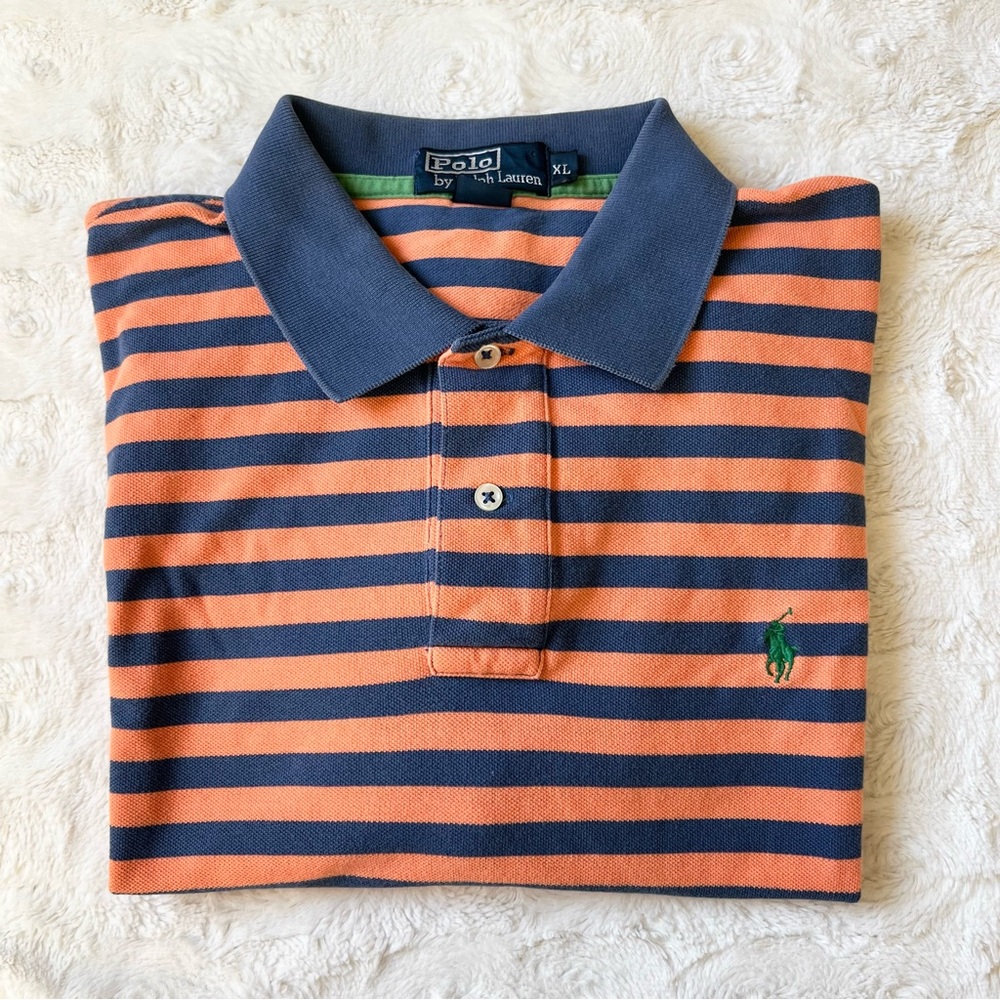 Vintage Polo Ralph Lauren Shirt Mens XL Orange Blue Striped Contrast Collar Pony